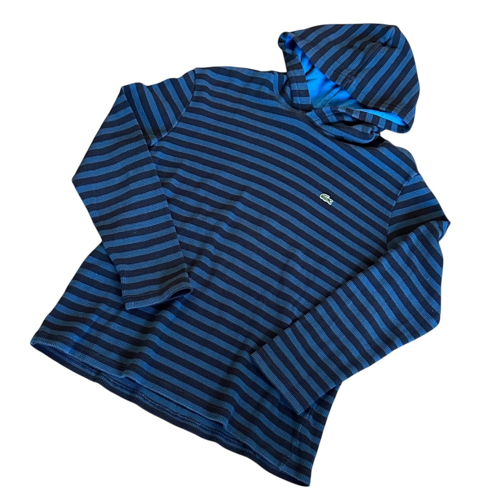 Lacoste Hoodie Men's US L Blue Black Striped Regular Fit Thermal Waffle Hoodie‎